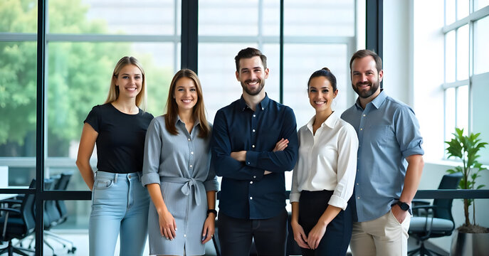 Group of female and male colleagues standing in a bright office in business attire and smiling