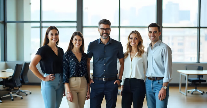 Group of female and male colleagues standing in a bright office in business attire and smiling
