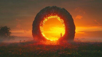 Silhouette of Man Standing Before a Glowing Stone Archway at Sunset