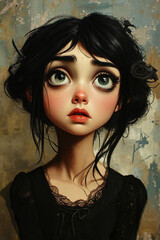 A digital painting of a girl with black hair and blue eyes