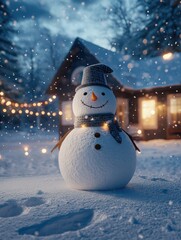 Obraz premium Snowman standing in a snowy landscape with a cozy house in the background during twilight, surrounded by falling snowflakes and warm lights. Festive winter scene with a friendly snowman.