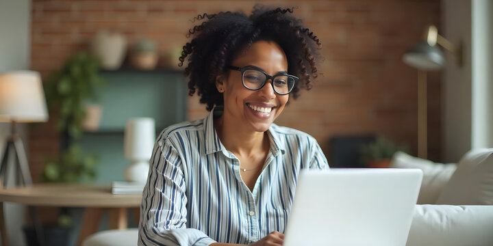 Beautiful young woman working on her computer from her home office in bright setup