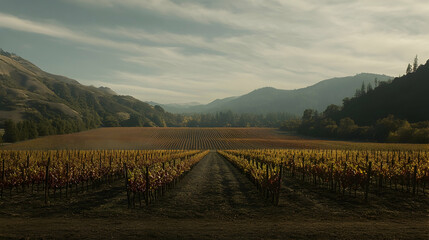 Fototapeta premium Rows of grapevines in a vineyard with rolling hills in the background.