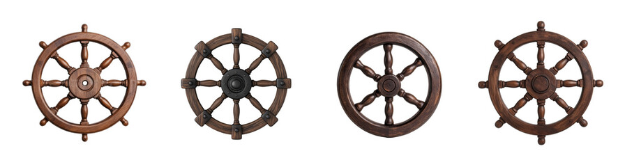 A collection of vintage wooden ship steering wheels isolated on a transparent background, symbolizing nautical exploration and adventure