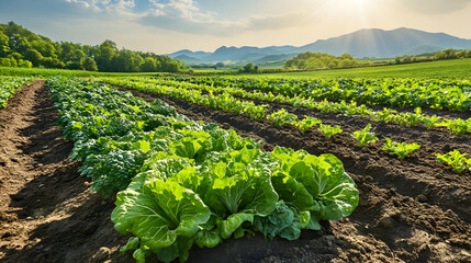 Rows of lush green vegetables growing in a field with a mountain range in the background under a bright, sunny sky.