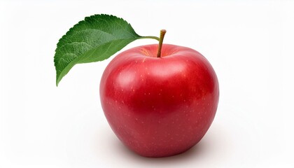 A lone red apple with a perfect green leaf on an isolated white background.
