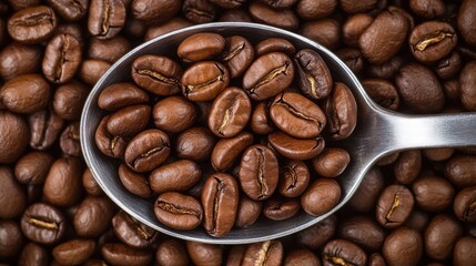 Obraz premium A close-up of roasted coffee beans in a spoon, showcasing their rich texture and color against a background of scattered beans.