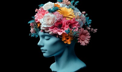 Floral headpiece on a blue bust.