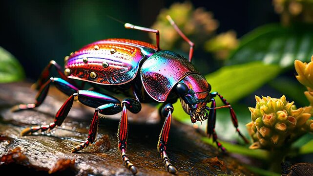 A colorful beetle with a metallic sheen is standing on a rock.The beetle is surrounded by green leaves and flowers
