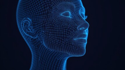 A detailed wireframe model of a human head, showcasing advanced technology in a futuristic blue glow against a dark background.