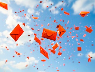 A bunch of red envelopes flying in the air with confetti falling from them