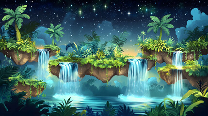 Fototapeta premium A magical, surreal night scene featuring floating islands with cascading waterfalls, lush tropical vegetation, and a starry sky.