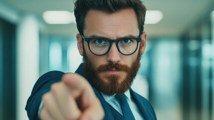 Fototapeta premium A focused businessman in formal attire, conveying authority and determination through a direct gesture.