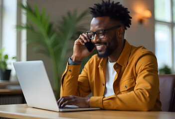 Young African American man in business casual outfit working in bright and airy office next to the windows at his white desk