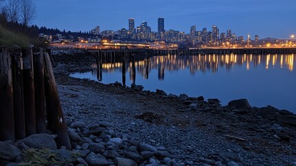 A serene waterfront view of a city skyline at dusk, reflecting on calm waters.