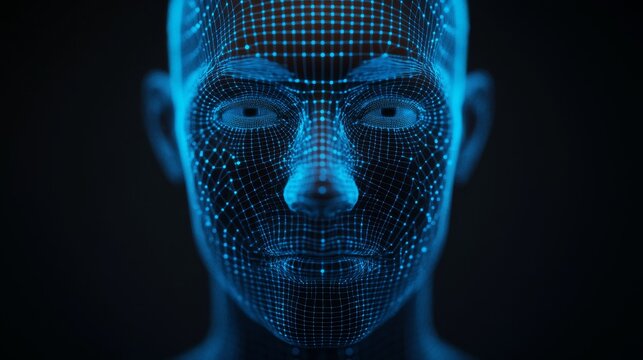 A futuristic digital face with glowing blue lines and dots, representing advanced technology and artificial intelligence.