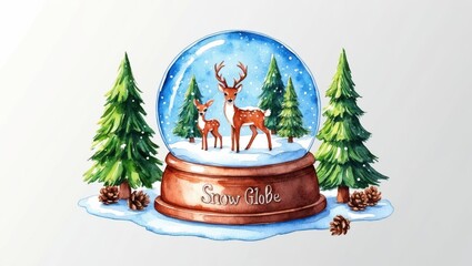Tiny woodland scene snow globe, deer and pine trees, white background, watercolor style