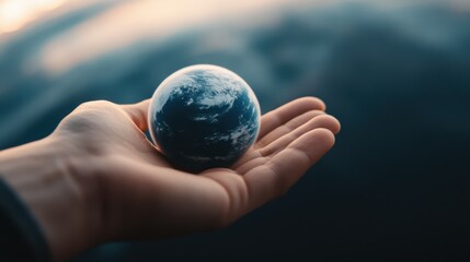 A hand holds a small globe symbolizing care for planet Earth, representing sustainability and global responsibility.