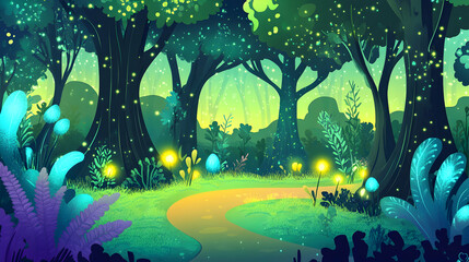 Obraz premium A winding path leads through a magical forest filled with glowing lights and vibrant foliage.