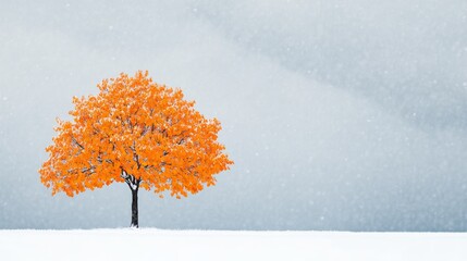 A lone orange tree stands out against a snowy landscape, creating a striking contrast in a serene winter atmosphere.