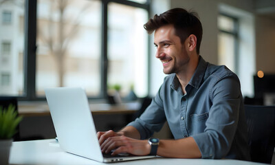 Fototapeta premium Photo of a young professional business man in blue shirt working at the office and looking at the screen of his laptop