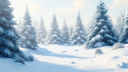 Winter Forest Landscape with Snow-Covered Trees Under Bright Sunlight, background