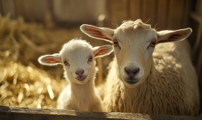 Two fluffy sheep looking at the camera.