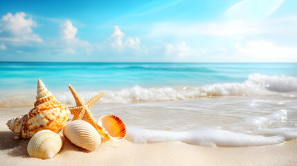 Seashells and a starfish on a sandy beach with turquoise ocean water and a blue sky with white clouds.