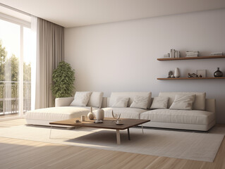 Minimalist living room with a large corner sofa and coffee table, soft natural light from the windows, a neutral color palette of beige walls and a white ceiling, a spacious interior design.