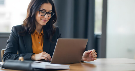 Young pretty woman wearing  business shirt in her late 20s smiling and working at her desk
