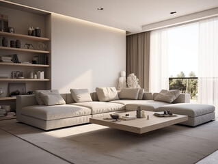 Minimalist living room with a large corner sofa and coffee table, soft natural light from the windows, a neutral color palette of beige walls and a white ceiling, a spacious interior design.