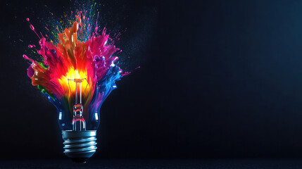 Colorful Bulb with Flame on Black, Abstract Idea of Creativity & Inspiration.