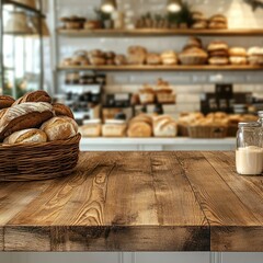 Wooden Countertop with Bakery Display in Softly Blurred Background. Fresh Bread, Pastries, and Bakery Decor, space for text