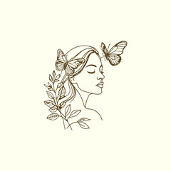 woman face with butterfly, doodle continuous line art vector illustration