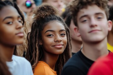 Obraz premium A vibrant crowd captured in a moment of joy and connection. Diverse faces reflect excitement. Youthful energy fills the atmosphere. Generative AI