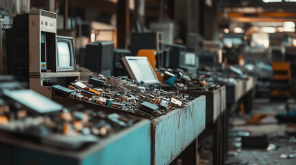 Zakład recyklingu, w którym taśmy transportowe pracują na pełnych obrotach, segregując odpady elektroniczne.