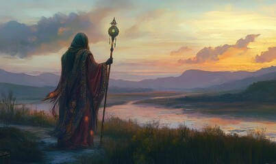 A robed figure with a staff looks at a sunset.
