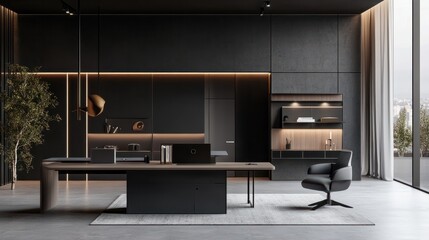 48.A modern office with an open-plan layout, sleek desks, and a clear, minimalist design.