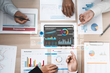 Business team meeting for analyzing sales data and financial growth graph chart report. Business planning, strategy and development. Financial accounting. market research, data analysis