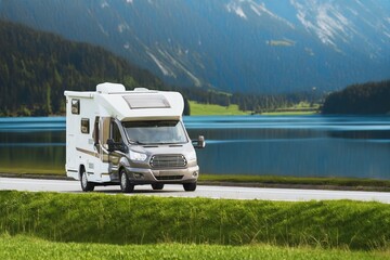A Motorhome Voyage Against a Mountainous Horizon. The Open Road Beckons