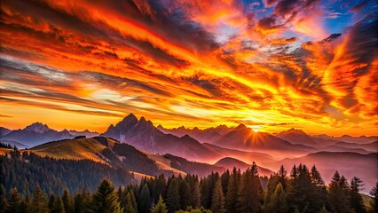 Naklejka premium Stunning Sunrise Over Majestic Mountain Range with Vibrant Orange and Pink Sky Hues