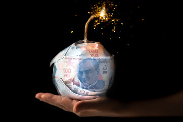 Turkish lira 100 TL. Concept of a bomb figure about to explode.