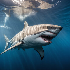 Naklejka premium A majestic great white shark swimming through the ocean, illuminated by a beam of sunlight. The image showcases the shark's powerful presence and the beauty of the marine environment.