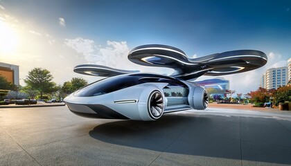 Obraz premium Next-Gen Urban Mobility: A Glimpse into the Future at Our Flying Car Dealership