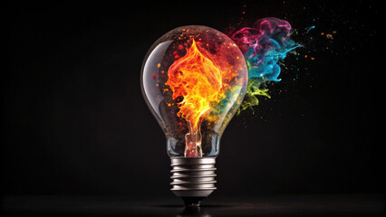 Colorful Bulb with Flame on Black, Abstract Idea of Creativity & Inspiration.
