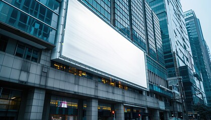 Naklejka premium Mock up. Big blank white billboard on the facade of modern highrise building in the city