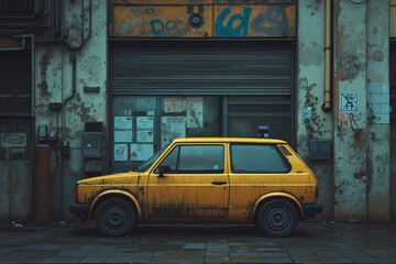 A yellow car parked in front of a building with graffiti on it