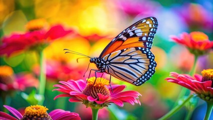 Fototapeta premium Vibrant Butterfly on Flower in Soft Focus, Nature's Beauty, Macro Photography, Colorful Insect, Floral Close-Up, Wildlife Photography, Garden Serenity,