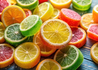 Fototapeta premium Vibrant Citric Acid Sour Candies with Colorful Packaging for Product Photography, Showcasing Sweet and Tangy Treats in Bright, Eye-Catching Designs to Attract Candy Lovers