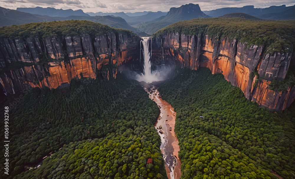 Poster river flows through a valley with a waterfall on the left side
